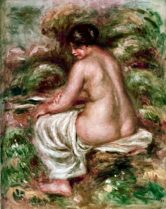 Pierre-Auguste Renoir, Nu au linge (Bad Im Freien,Bad,Fettleibigkeit,Frau,Impressionismus,Akt,Französische Kunst,Im Freien (Allgemein),Sitzen,Badetuch)