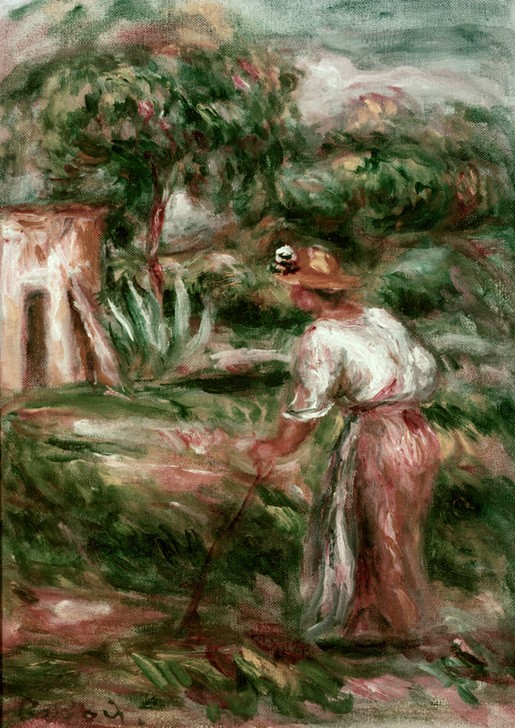 Pierre-Auguste Renoir, La faneuse (Ernte,Frau,Haus,Landschaft,Impressionismus,Heu,Baum,Französische Kunst,Landleben,Heuwender,Landwirtschaft)