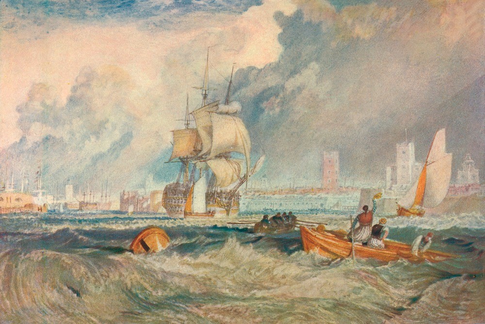 JOSEPH MALLORD WILLIAM TURNER, Portsmouth (Boot,Geographie,Mann,Museum,Schiff,Transport,Wetter,Meer,Zeitschrift,Tag,Ansicht,Welle,Skyline,Farbe)