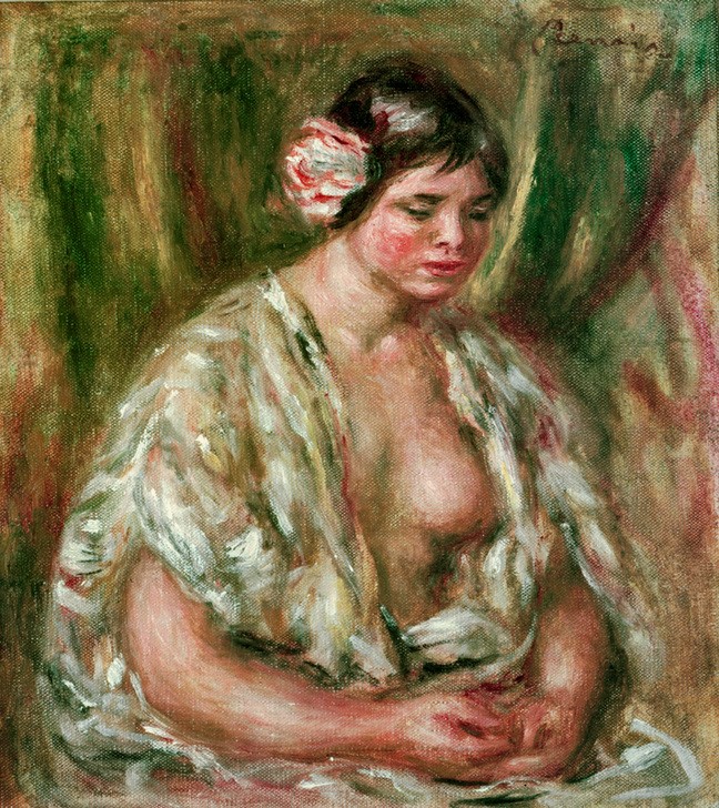 Pierre-Auguste Renoir, Femme assise (Gabrielle) (Frau,Kunst,Mensch,Impressionismus,Portrait,Französische Kunst,Halbakt,Sitzen,Junge Frau,Ecole De Paris,Signatur)
