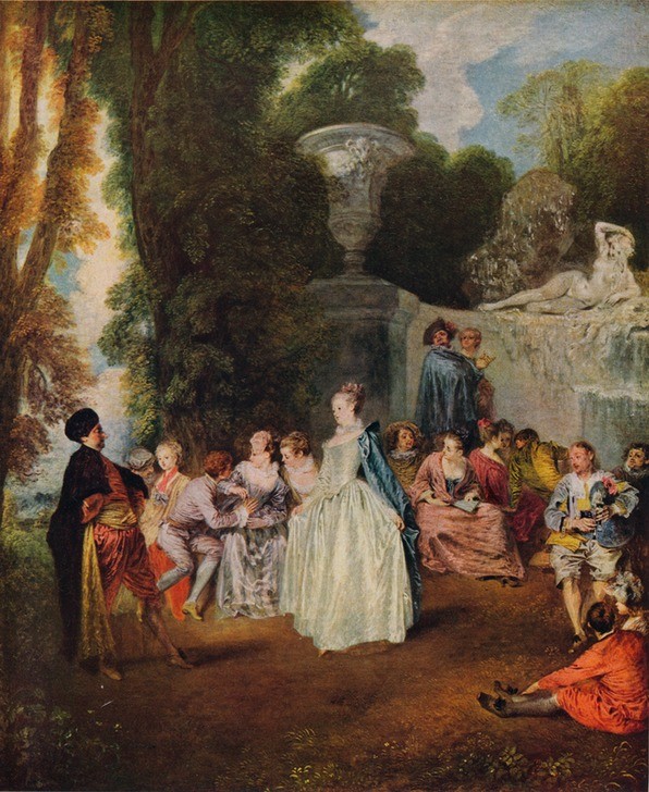 Jean-Antoine Watteau, Fetes Venitiennes (Frau, Gesellschaft, Venezianisches Fest, Party, Freizeit,Sommer, Tanz,    Dame, Zuschauer, Metapher, Rokoko, Wohnzimmer,  Klassiker,  Wunschgröße,)