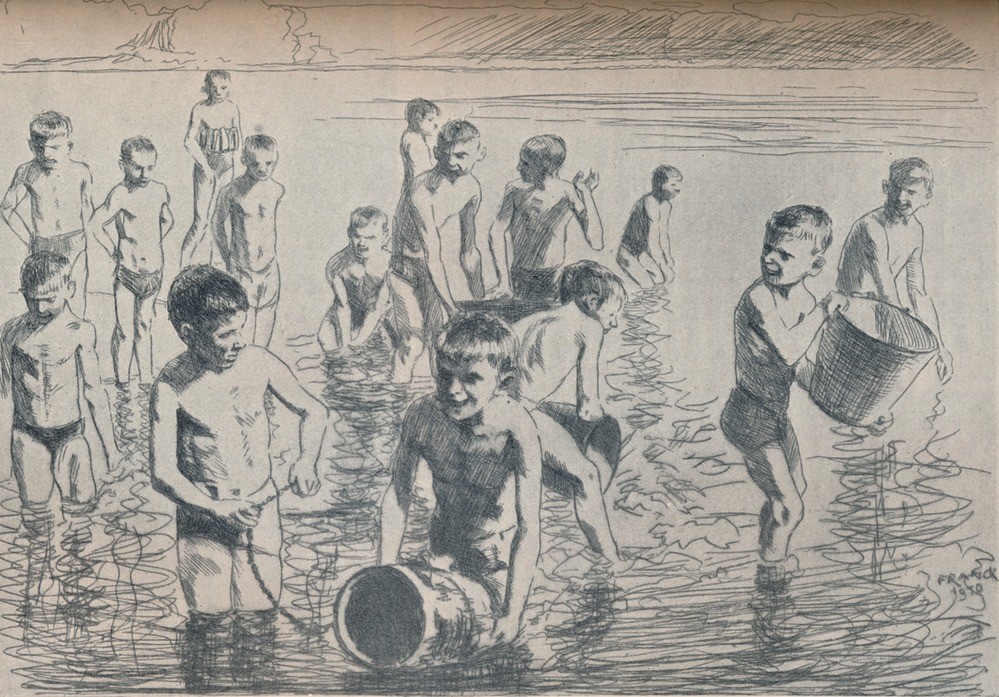 Philipp Franck, Boys Bathing (Geographie,Gruppenbild,Mann,Spiel,Meer,Schaufel,Portrait,Tag,Knabe,Müssiggang,Genuss,Monochromie)