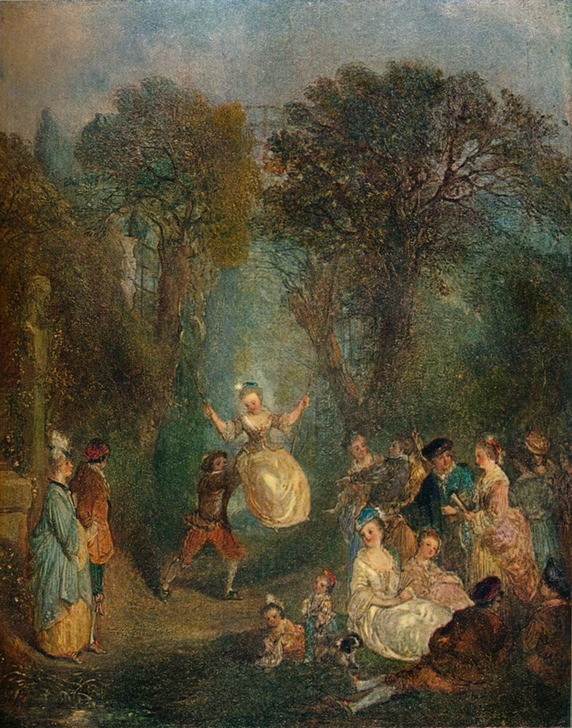 Jean-Antoine Watteau, L'Escarpolette (Frau,Kind,Mann,Freizeit,Portrait,Baum,Tag,Dame,Genuss,Natur,Gelb,Betrieb,Farbe)