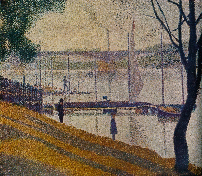 Georges Seurat, Le Pont de Courbevoie 1886 (Boot,Brücke,Geographie,Kunst,Mann,Transport,Impressionismus,Segelboot,Fluss,Tag,Farbe)