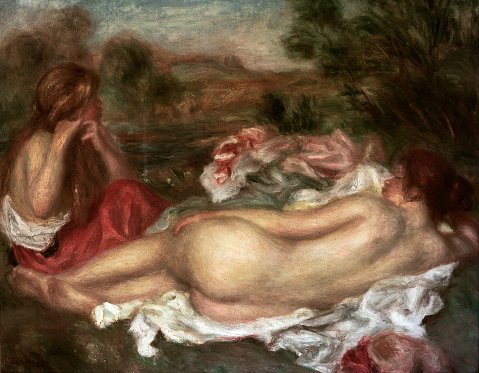 Pierre-Auguste Renoir, Baigneuses (Körperpflege,Bad Im Freien,Bad,Frau,Kunst,Impressionismus,Akt,Französische Kunst,Lebensfreude,Liegen,Badetuch)