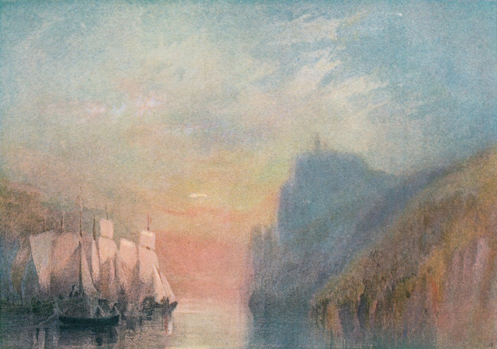 JOSEPH MALLORD WILLIAM TURNER, On the Rhine 1825 (Astronomie,Boot,Geographie,Kunst,Transport,Wasser,Sonne,Wissenschaft,Morgen,Segelboot,Fluss,Sonnenaufgang,Zeit,Dämmerung,Klippe,Farbe)
