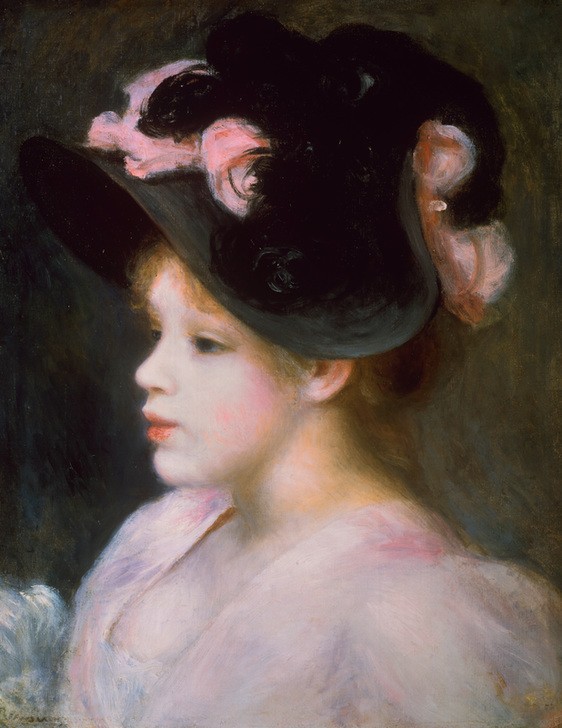 Pierre-Auguste Renoir, Jeune fille au chapeau rose et noir (Damenmode,Frau,Kopfbedeckung,Kunst,Mädchen,Mensch,Impressionismus,Hut,Portrait,Französische Kunst,Jahrhundertwende,Junge Frau,Brustbild)