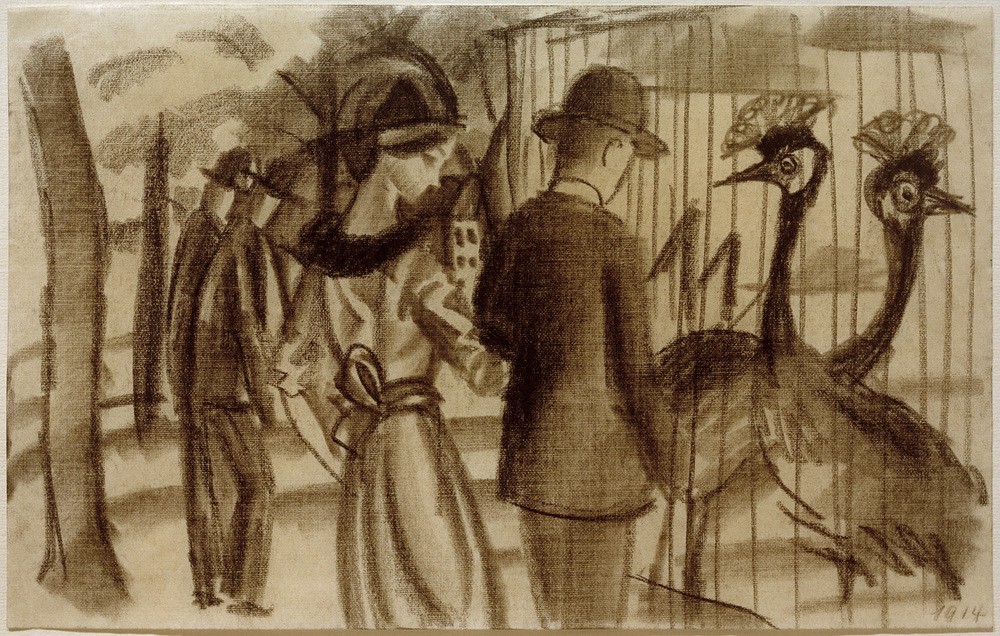 August Macke, Paar bei den Kronenkranichen (Ausflug,Deutsche Kunst,Kunst,Freizeit,Spaziergang,Vogel,Zoologischer Garten,Hut,Expressionismus,Der Blaue Reiter,Paar,Voliere,Kronenkranich)