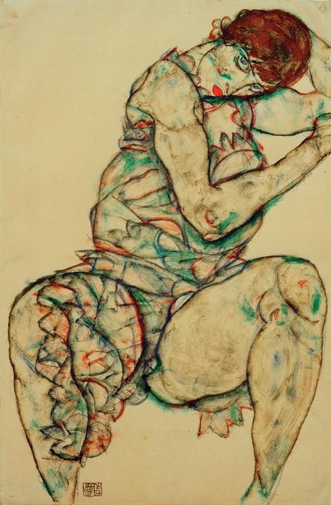 Egon Schiele, Sitzende mit linker Hand im Haar (Erotik,Frau,Mensch,Portrait,Expressionismus,Österreichische Kunst,Erotische Kunst,Sitzen)