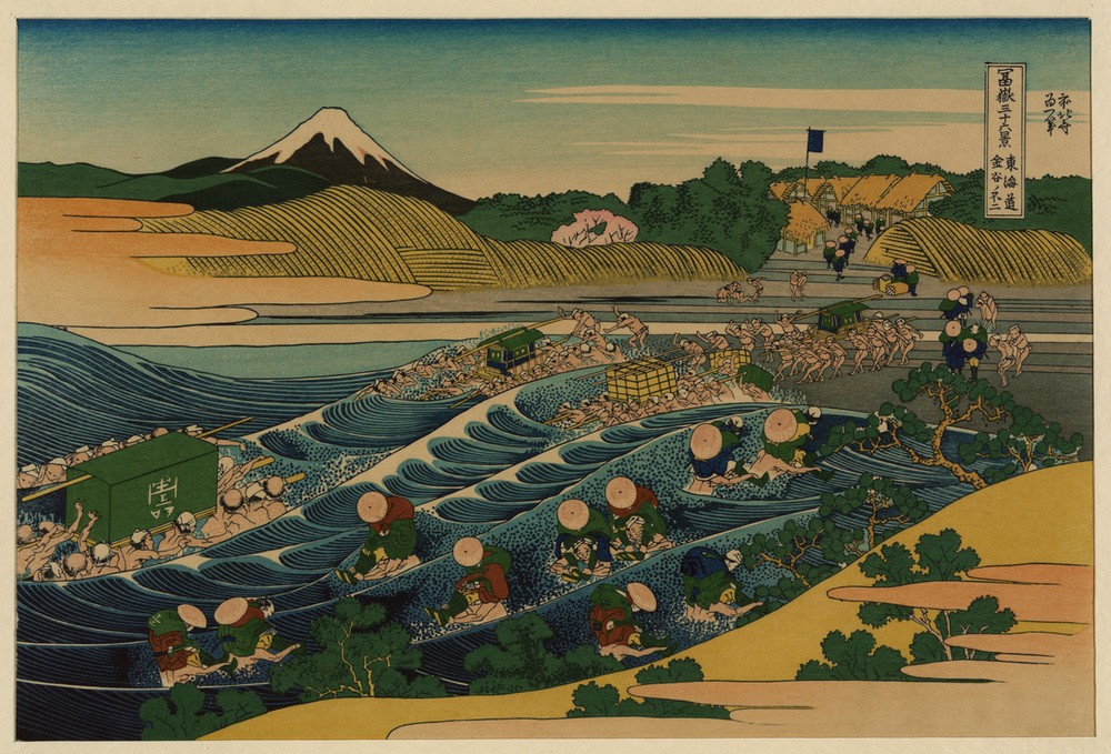 Katsushika Hokusai, Fuji at Kanaya on the Tokaido (Kunst,Landschaft,Transport,Völkerkunde,Japanische Kunst,Fluss,Flussüberquerung,Träger,Personentransport,Huckepack,Wahrzeichen,Berg,Auf Dem Rücken Tragen,Land Und Leute)