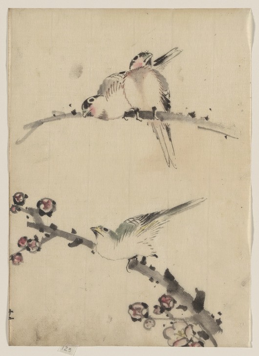Katsushika Hokusai, Three Birds Perched on Branches (Kunst,Völkerkunde,Vogel,Japanische Kunst,Blume)