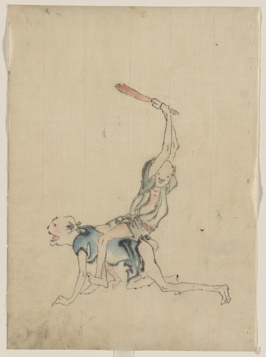 Katsushika Hokusai, Man sitting on theback of another man and beating him (Kunst,Mann,Völkerkunde,Japanische Kunst,Hintern Versohlen)