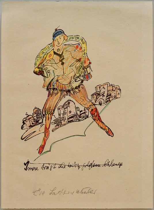 Else Lasker-Schüler, Imre trägt die heilige goldene Schlange (Architektur,Deutsche Kunst,Dichterin,Haus,Kopfbedeckung,Kunst,Literatur,Mann,Schlange,Orientalismus,Frauenkunst,Expressionismus,Der Blaue Reiter,Jüdische Kunst,Tragen,Jüdin,Buntstift,Mehrfachbegabung)