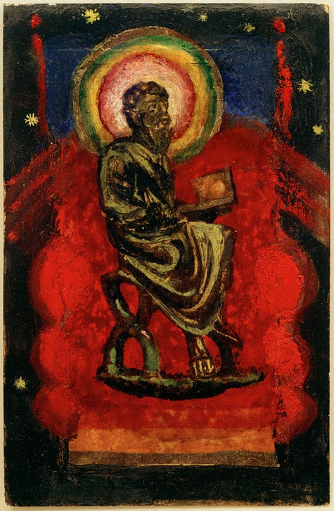 Franz Marc, Sitzender Heiliger, Byzantinischer Heiliger (Christentum, Heiliger, Sitzen, Aureole, Nimbus, Heiligenschein, abstrahiert, klassische Moderne, Expressionismus, Wohnzimmer, Treppenhaus, Wunschgröße)