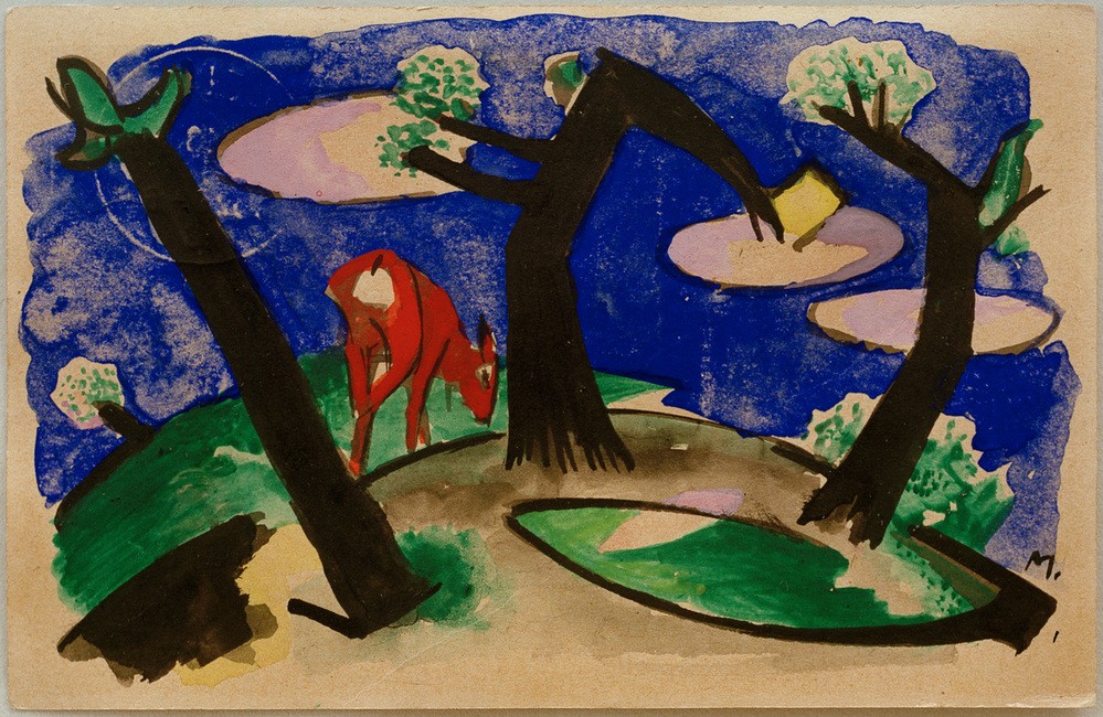 Franz Marc, Landschaft mit rotem Tier (Reh, Wald, Hügel, abstrahiert, klassische Moderne, Expressionismus, Wohnzimmer, Treppenhaus, Wunschgröße)