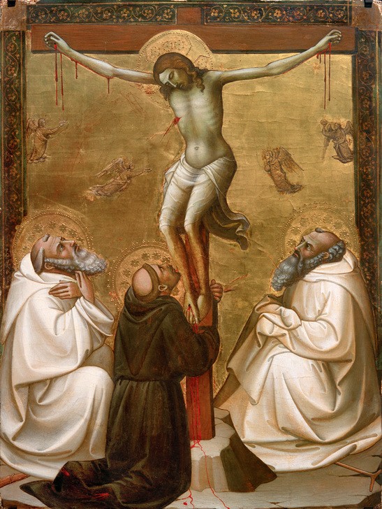 Lorenzo Monaco, Christus am Kreuz mit den Hl. Benedikt, Franziskus und Romuald  (Kreuzigung, Christus, Kreuz, Anbetung, Heilige, Gotik, Religion, Glaube, Neues Testament, Biblisch, Schlafzimmer, Wohnzimmer, Malerei, Wunschgröße)