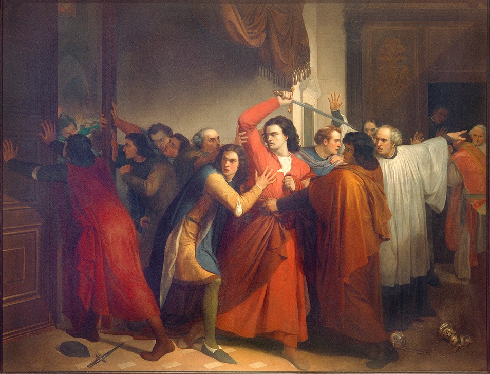 Angelo Fabbrini, Die Pazzi-Verschwörung  (Attentat, Überfall, Pazzi, Medici, Giuliamo, Mord, Florenz, Geschichte, Politik, Historienmalerei, Wunschgröße, Klassiker, Wohnzimmer)