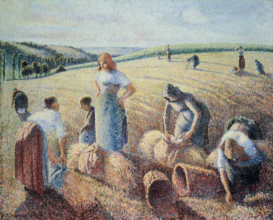 Camille Pissarro, Die Ährenleserinnen (Ackerbau,Arbeit,Ernte,Getreideanbau,Kunst,Landschaft,Mensch,Impressionismus,Pointillismus,Getreide,Bäuerin,Französische Kunst,Feld,Ährenlese,Getreidefeld,Landbevölkerung,Bücken,Feldarbeit,Stoppelfeld,Landwirtschaft,Signatur)