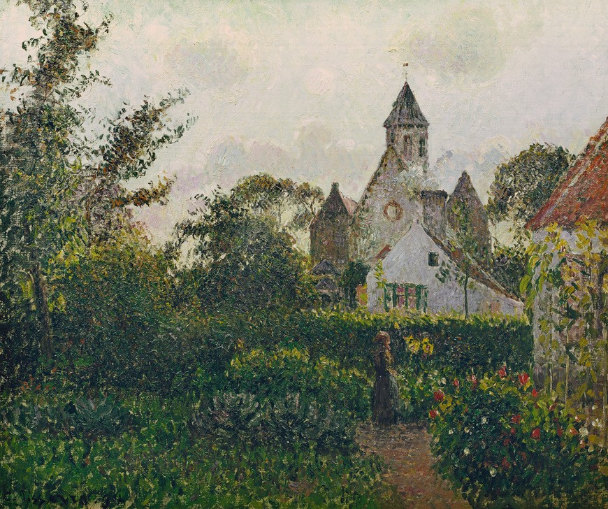 Camille Pissarro, Die Kirche in Knocke, Belgien (Dorfkirche,Dorf,Kirche,Kunst,Landschaft,Park,Impressionismus,Hausgarten,Französische Kunst,Garten)