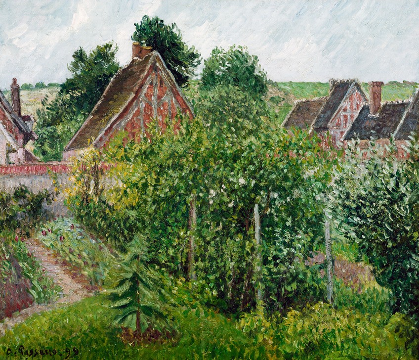 Camille Pissarro, Gartenecke in Éragny, Regenwetter (Kunst,Landschaft,Meteorologie,Regen,Impressionismus,Pointillismus,Hausgarten,Französische Kunst,Bauerngarten,Schlechtes Wetter,Nutzgarten,Garten)