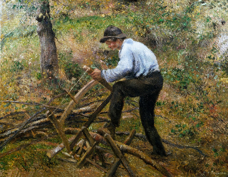 Camille Pissarro, Vater Melon beim Holzsägen (Arbeit,Forstwirtschaft,Kunst,Mann,Holz,Impressionismus,Werkzeug,Technik,Französische Kunst,Brennholz,Säge,Landbevölkerung,Sägen)