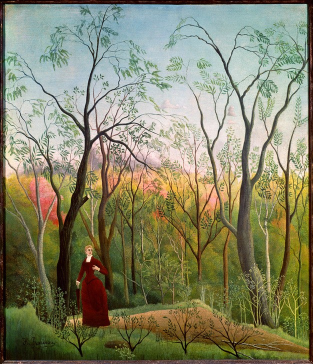Henri Rousseau, Waldspaziergang (Frau Landschaft, Freizeit, Spaziergang, Wald, Einsamkeit, Erwartung, Naive Malerei, Wunschgröße, Wohnzimmer, Treppenhaus, Malerei, klassische Moderne, bunt)