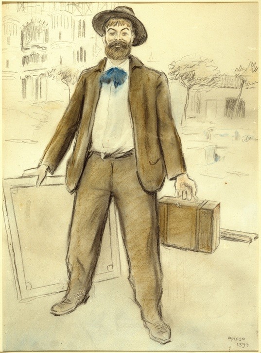 Ricard Opisso, Porträt von Joaquim Mir und die Sagrada Familia (Frau,Künstler,Malerin,Mann,Staffelei,Portrait,Spanische Kunst,Katalanische Kunst,Malen,Stich (Kunst))