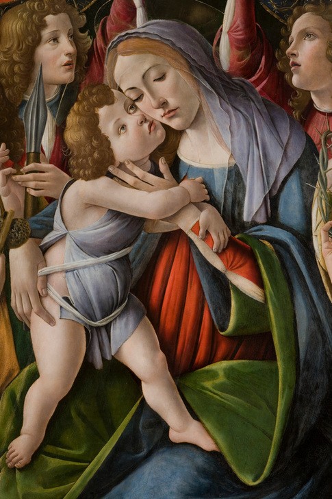 Sandro Botticelli, Maria mit Kind und sechs Engeln (Christentum, Engel, Neues Tesament, Maria, Krone, Jesus Christus, Jesuskind, Leidenswerkzeuge, Religion,   Renaissance, Klassiker, Schlafzimmer, Wohnzimmer, Wunschgröße, Ausschnitt, Detail,  bunt)