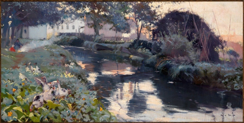Joaquim Mir, Wassergraben in Condal (Gewässer, Kanal, Graben, Bach, Landschaft, Katalanische Kunst,  Post-Modernisme, Malerei, Klassische Moderne, Wunschgröße, Wohnzimmer, Treppenhaus, bunt)