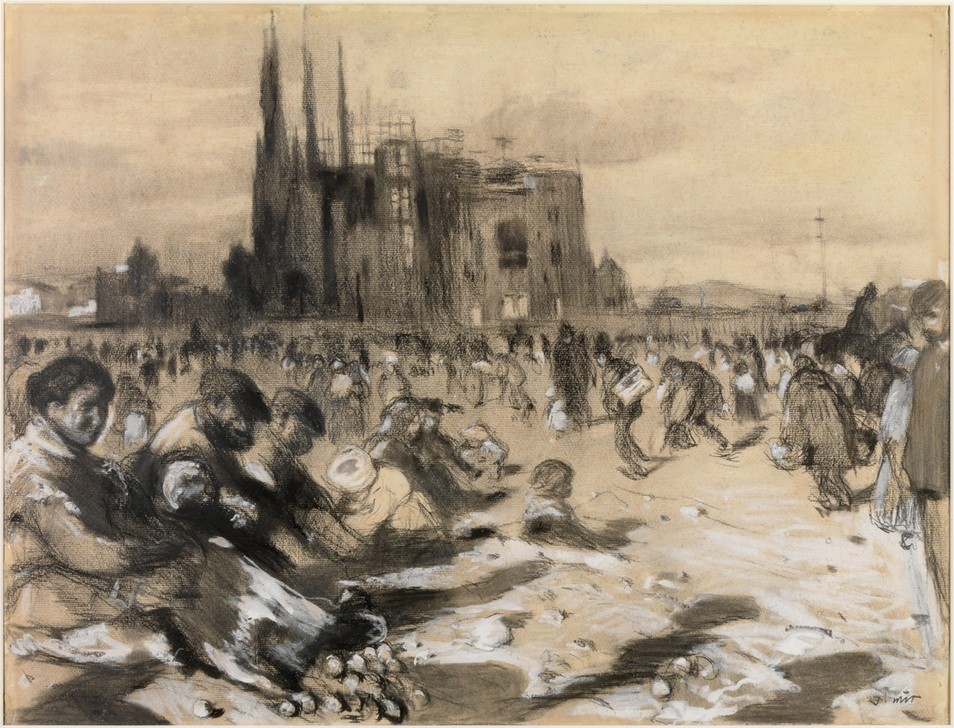 Joaquim Mir, Skizzen von Barcelona (Extramuros) (Stadt, sagrada familia, Architektur, Baustelle, Menschen, Skizze, Studie,   Katalanische Kunst,  Post-Modernisme, Malerei, Klassische Moderne, Wunschgröße, Wohnzimmer, Treppenhaus, grau/sepia)