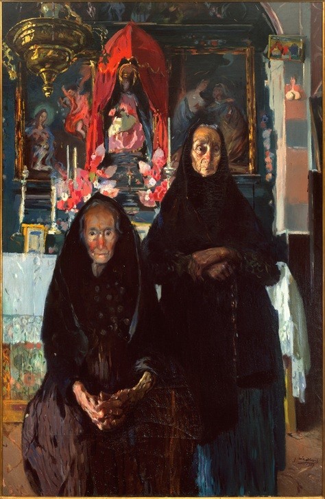 Joaquim Mir, The Old Women (Kirche, Altar, Alte Frauen, Portraits, Trachten, Kleidung, Trauerkleidung, Katalanische Kunst, Post-Modernisme, Malerei, Klassische Moderne, Wunschgröße, Wohnzimmer, Treppenhaus, bunt)