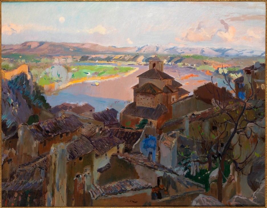 Joaquim Mir, Miravet (Dorf, Häuser, rustikal, alt, historisch, Felsen, Burg, Templer, Spanische Architektur, Fluss, Ebro, Katalonien, Post-Modernisme, Malerei, Klassische Moderne, Wunschgröße, Wohnzimmer, Treppenhaus, bunt)