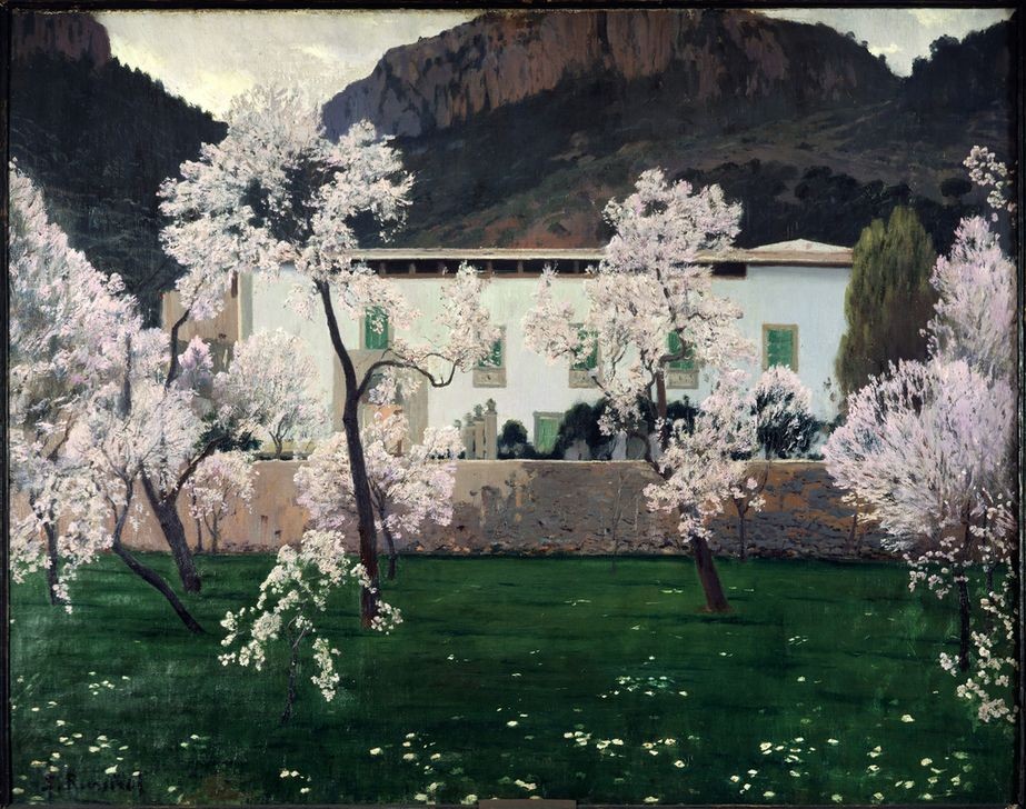 Santiago Rusinol, Blühende Mandelbäume. S’Alqueria d’Avall II (Jahreszeiten,Landschaft,Park,Frühling,Baum,Spanische Kunst,Katalanische Kunst,Mandelblüte,Blume,Malen,Mandelbaum,Garten)