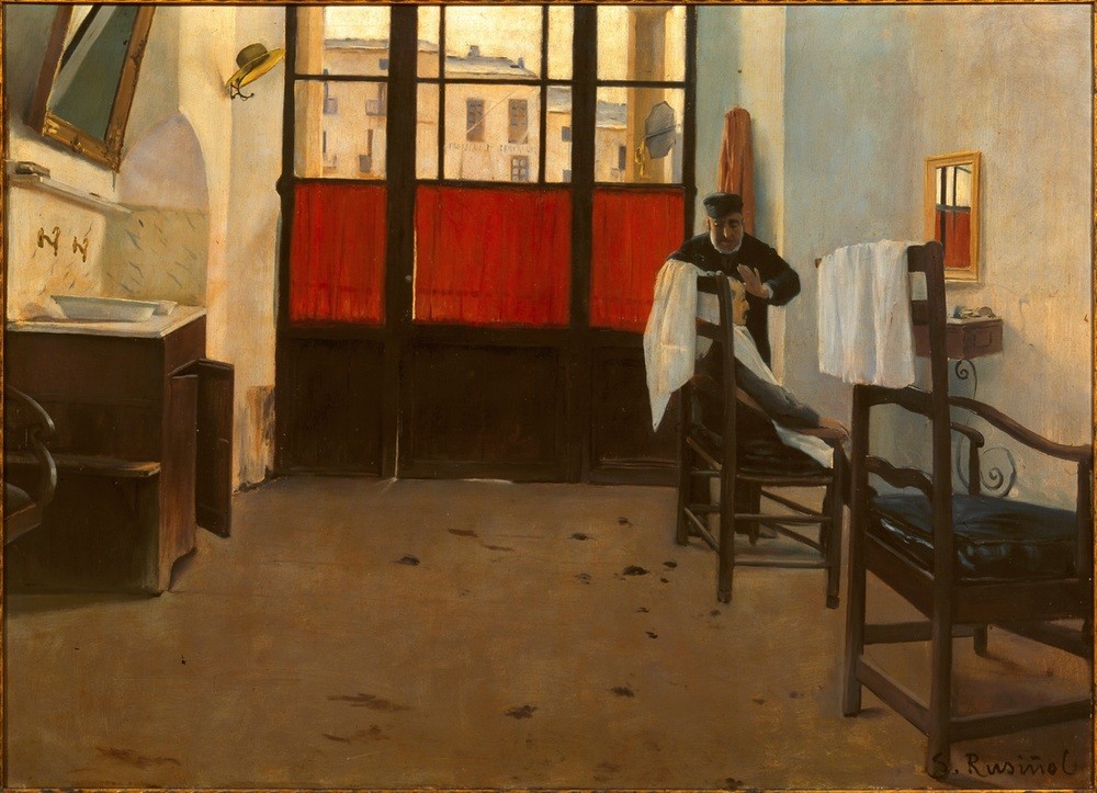 Santiago Rusinol, Der Friseur von Puigcerdà (Barbier,Friseur,Interieur,Spanische Kunst,Innenansicht,Naturalismus,Katalanische Kunst,Malen)
