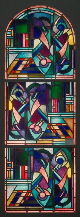 Johan Thorn Prikker, Fischfenster (Architektur,Blei,Christentum,Fenster,Geometrie,Glas,Katholische Kirche,Kirche,Kunst,Metall,Religion,Fisch,Ornamentik,Geometrisch,Abstrakte Kunst,Kopie,Niederländische Kunst,Holländische Kunst,Glasfenster,Rundbogen,Abstraktion,Form,Deutscher Werkbund)