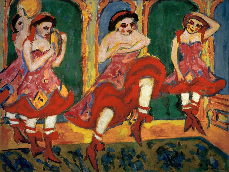 Ernst Ludwig Kirchner, Czardastänzerinnen (Deutsche Kunst,Frau,Kunst,Musik,Tänzerin,Tanz,Kostüm (Verkleidung),Expressionismus,Die Brücke,Tambourin,Tanzkostüm,Kleidung (Allgemein),Czardas,Farbigkeit)