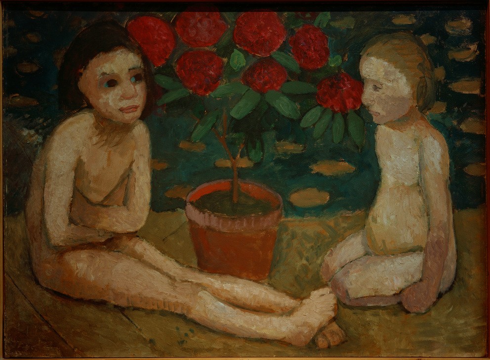 Paula Modersohn-Becker, Zwei sitzende Kinderakte (Deutsche Kunst,Geschwister,Kind,Kunst,Mädchen,Mensch,Akt,Schwester,Frauenkunst,Portrait,Expressionismus,Topfpflanze,Blüte,Worpsweder Künstlerkolonie,Sitzen,Jahrhundertwende,Knien,Doppelportrait,Ganzfigurig,Verschränkte Arme)