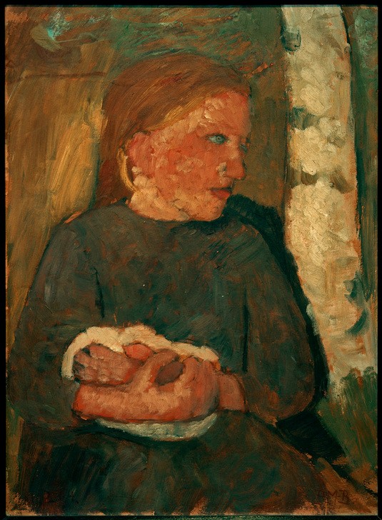 Paula Modersohn-Becker, Mädchen mit Kaninchen im Arm (Deutsche Kunst,Dorfkind,Kind,Kunst,Mädchen,Mensch,Frauenkunst,Portrait,Birke,Baum,Kind Und Tier,Tierliebe,Kaninchen,Tier,Worpsweder Künstlerkolonie,Jahrhundertwende,Baumstamm,Halbfigur,Dreiviertelprofil)