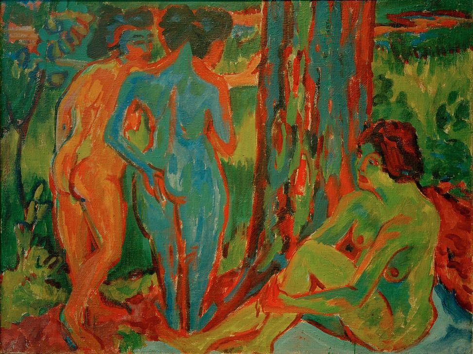 Ernst Ludwig Kirchner, Drei Akte im Wald (Deutsche Kunst,Freikörperkultur,Frau,Gruppenbild,Kunst,Landschaft,Wald,Akt,Portrait,Expressionismus,Rückenakt,Rückenfigur,Die Brücke,Im Freien (Allgemein),Sitzen,Ganzfigurig)