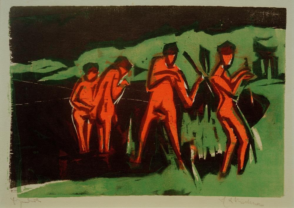 Ernst Ludwig Kirchner, Mit Schilf werfende Badende (Körperpflege,Bad Im Freien,Bad,Deutsche Kunst,Freikörperkultur,Kunst,Mensch,Freizeit,See,Akt,Expressionismus,Die Brücke,Schilf,Im Freien (Allgemein),Nacktheit,Werfen)