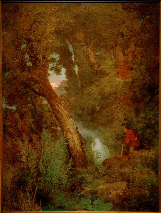 Arnold Böcklin, Das Irrlicht (Frau,Jäger,Kunst,Landschaft,Mann,Mythologie,Sonnenuntergang,Sonne,Tageszeiten,Wald,Abend,Irrlicht,Licht,Schweizerische Kunst,Erscheinung,Dämmerung,Sonnenlicht,Volksglaube,Deutschrömer,Abendrot)