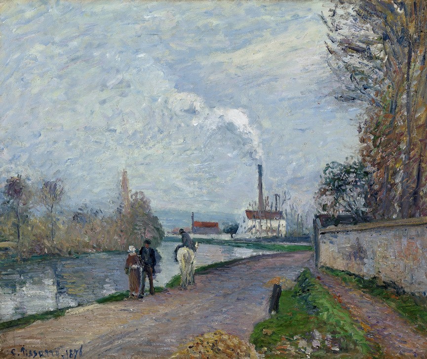 Camille Pissarro, Die Oise bei Pontoise bei bedecktem Himmel (Jahreszeiten,Kunst,Landschaft,Sommer,Wasser,Wolke,Sonne,Schornstein,Impressionismus,Reiter,Fluss,Baum,Französische Kunst,Poesie,Feld,Rauch,Ufer,Beleuchtung,Natur,Uferweg)