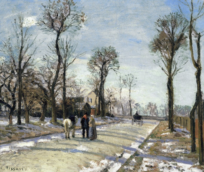 Camille Pissaro, Route de Versailles, Louveciennes, Winter Sun and Snow (Haus,Jahreszeiten,Landhaus,Winter,Impressionismus,Schnee,Baum,Poesie,Feld,Frost,Natur)