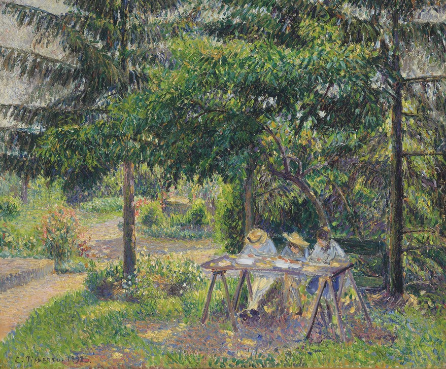 Camille Pissaro, Children seated in the garden at Eragny (Jahreszeiten,Kind,Sommer,Morgen,Impressionismus,Baum,Wiese,Genre,Poesie,Feld,Natur)