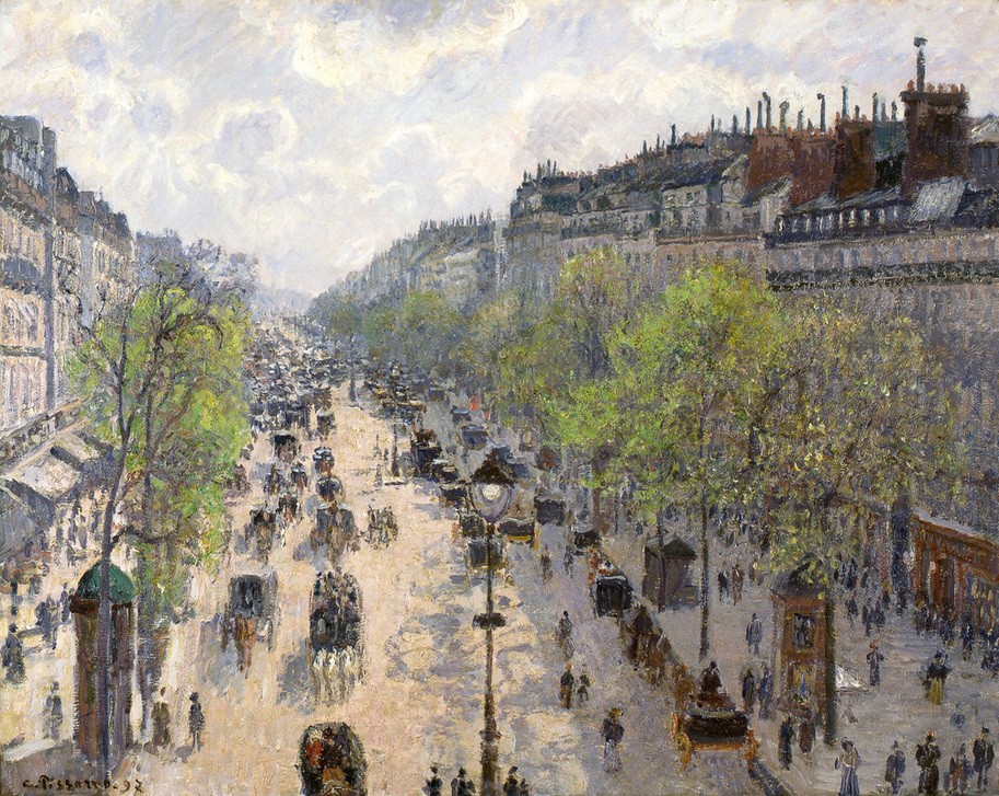 Camille Pissaro, Boulevard Montmartre, Spring, 1897 (Haus,Jahreszeiten,Stadt,Wagen,Nacht,Impressionismus,Frühling,Trainer,Zeit,Beleuchtung)