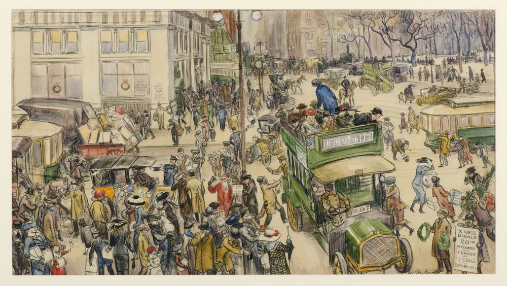 William Glackens, Weihnachtseinkäufer, Madison Square (Automobil,Jahreszeiten,Kunst,Landschaft,Mensch,Freizeit,Strasse (Allgemein),Strassenszene,Weihnachtsbaum,Realismus,Genre,Amerikanische Kunst,Einkauf,Us-Amerikanische Kunst,Verkauf,Einkaufsbummel,Weihnachtsvorbereitungen,Alltag,Ashcan School)