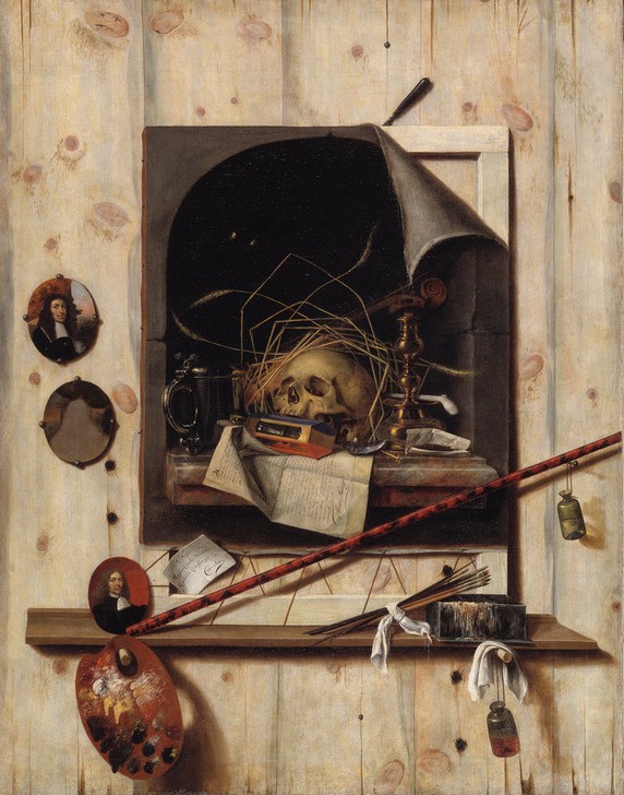 Cornelis Norbertus Gijsbrechts, Trompe l'oeil with Studio Wall and Vanitas Still Life, 1668 (Buch,Geld,Künstler,Tod,Barock,Selbstbildnis,Schädel,Vanitas,Memento Mori,Eitelkeit,Wohlstand,Reichtum,Überfluss,Glaskugel,Ewigkeit)