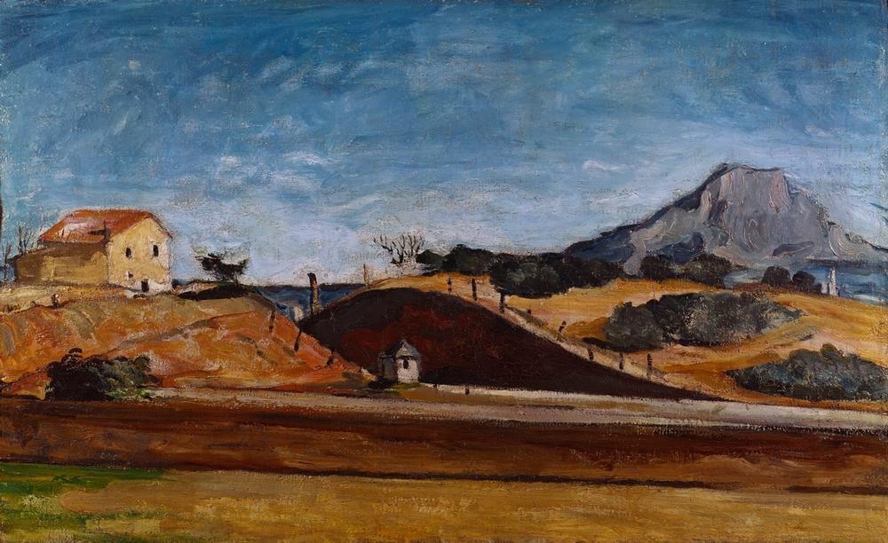 Paul Cézanne, La tranchée ave la montagne Sainte– Victoire (Eisenbahn,Kunst,Landschaft,Impressionismus,Französische Kunst,Eisenbahnstrecke)