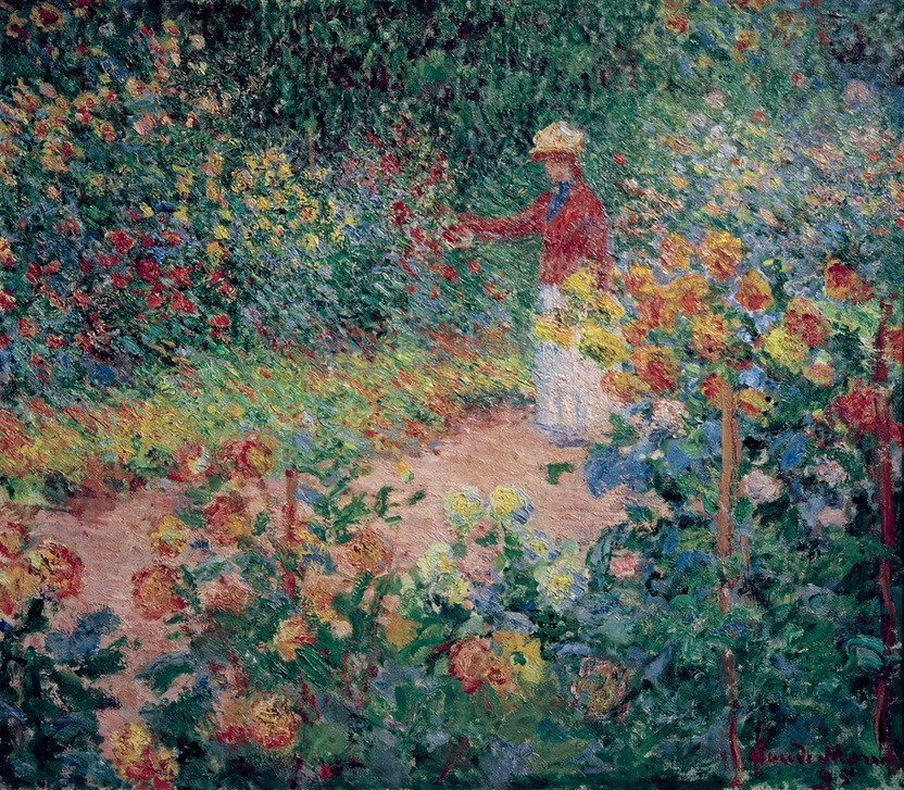 Claude Monet, Le jardin de Monet à Giverny (Frau,Maler (Künstler),Spaziergang,Impressionismus,Hausgarten,Künstlerhaus (Wohnhaus),Französische Kunst,Menschen Im Garten,Frauenleben,Blume,Person,Garten)
