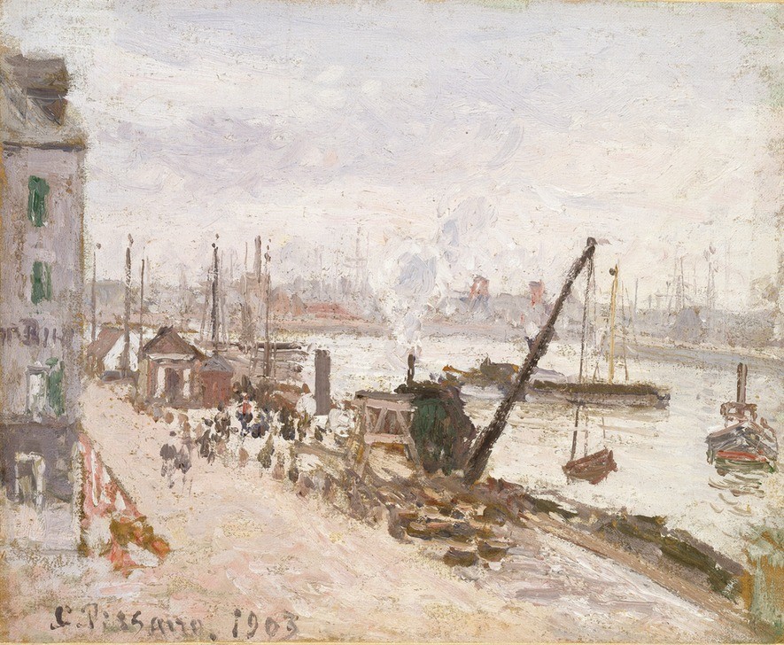 Camille Pissaro, Quayside at Le Havre, 1903 (Boot,Geographie,Handel,Kran,Kunst,Tor,Transport,Wetter,Impressionismus,Fluss,Lastkahn,Tag,Grau,Quai,Farbe)